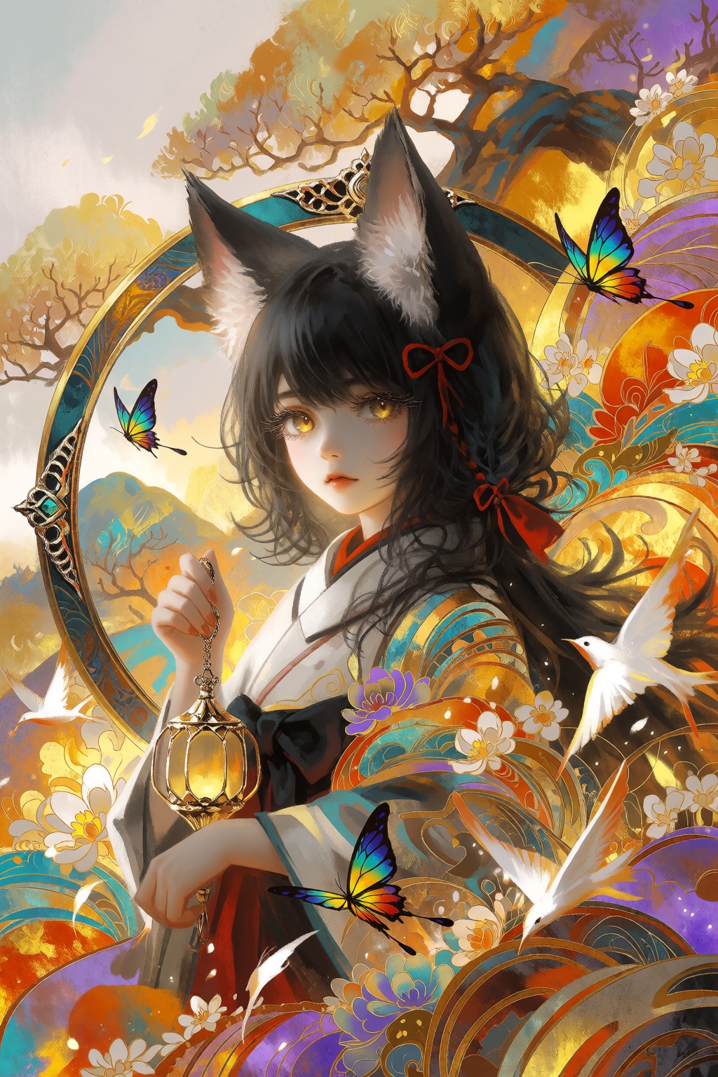 A digital painting features an anime-style girl with prominent animal ears,  positioned centrally within a circular,  orna...