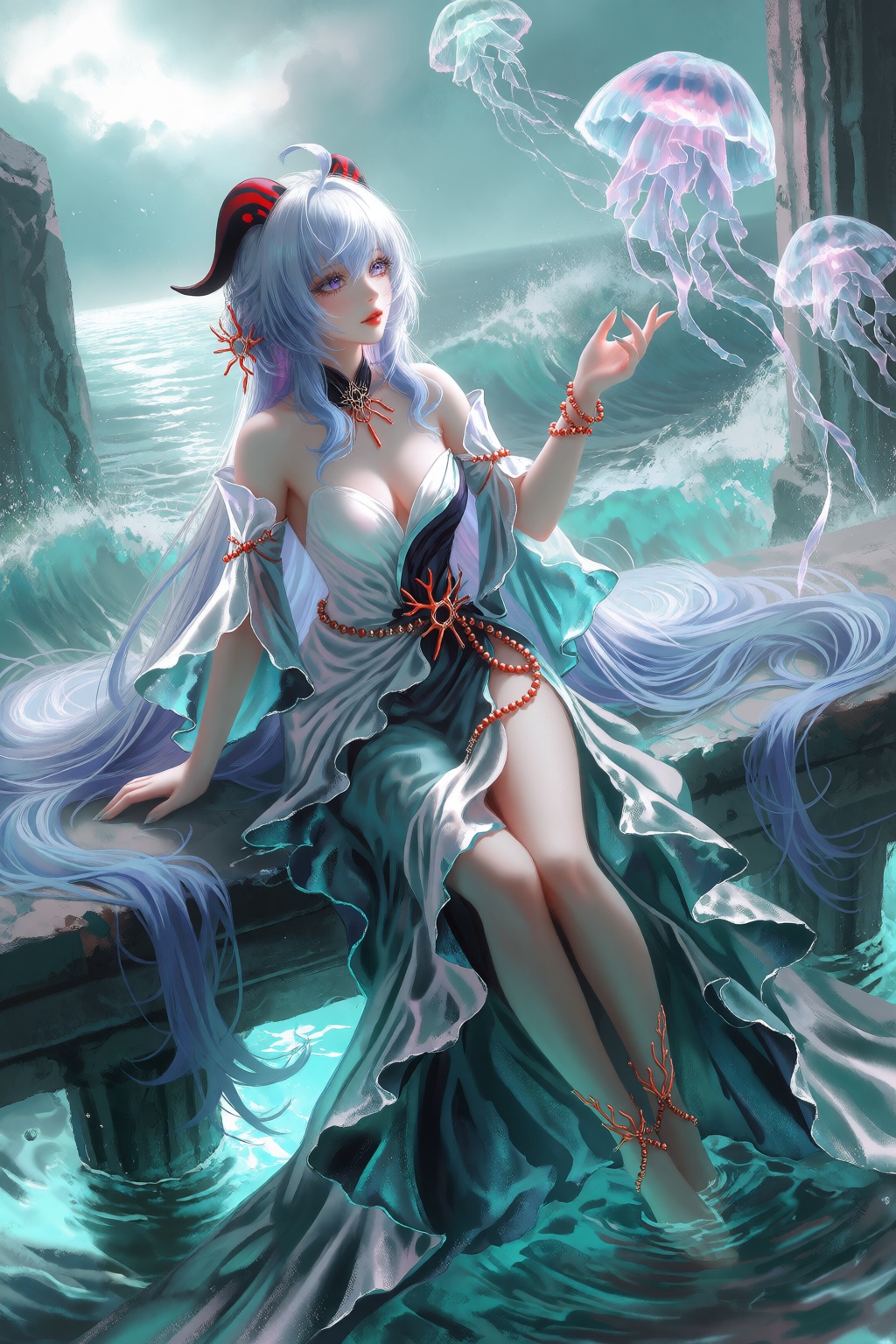 A luminous anime-style image depicts a woman with long silver-blue hair and shell-like horns seated on a stone ledge above...