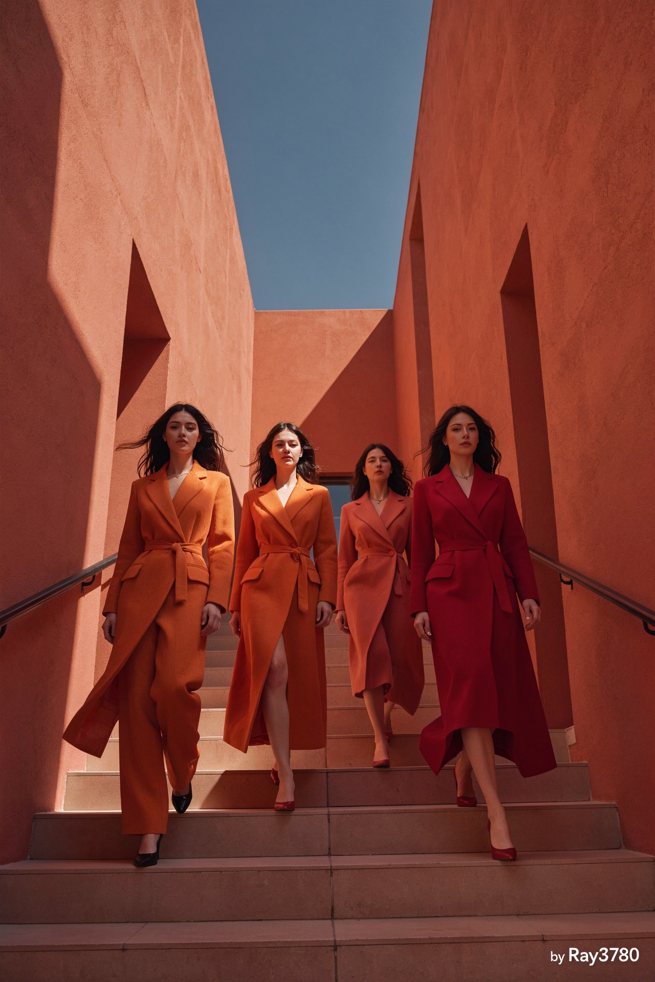Low-angle fashion editorial of four women descending a sunlit architectural stairway between tall textured walls in warm t...