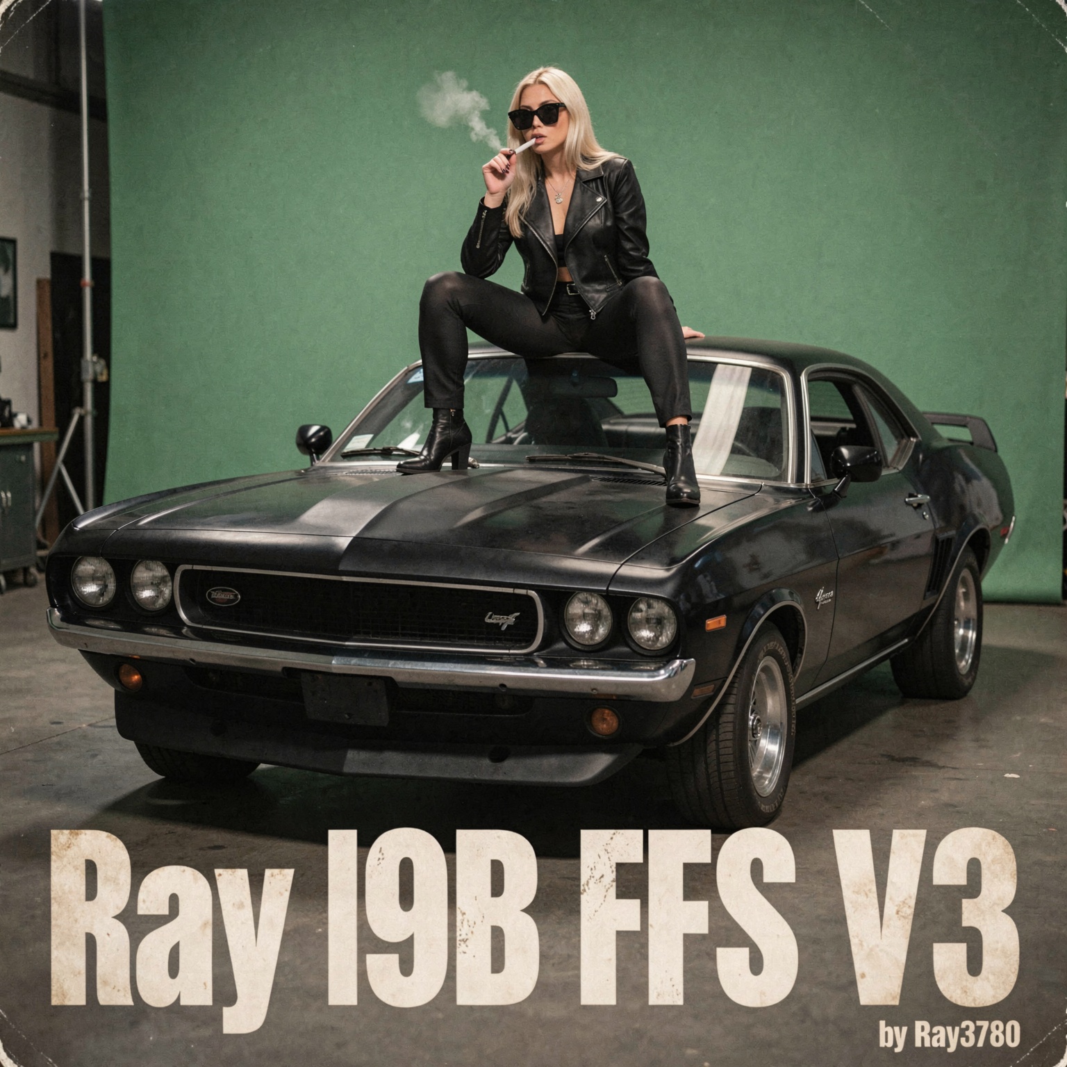 A gritty,  stark behind-the-scenes film set photo: a black muscle car sits in the frame,  with a beautiful blonde woman—we...