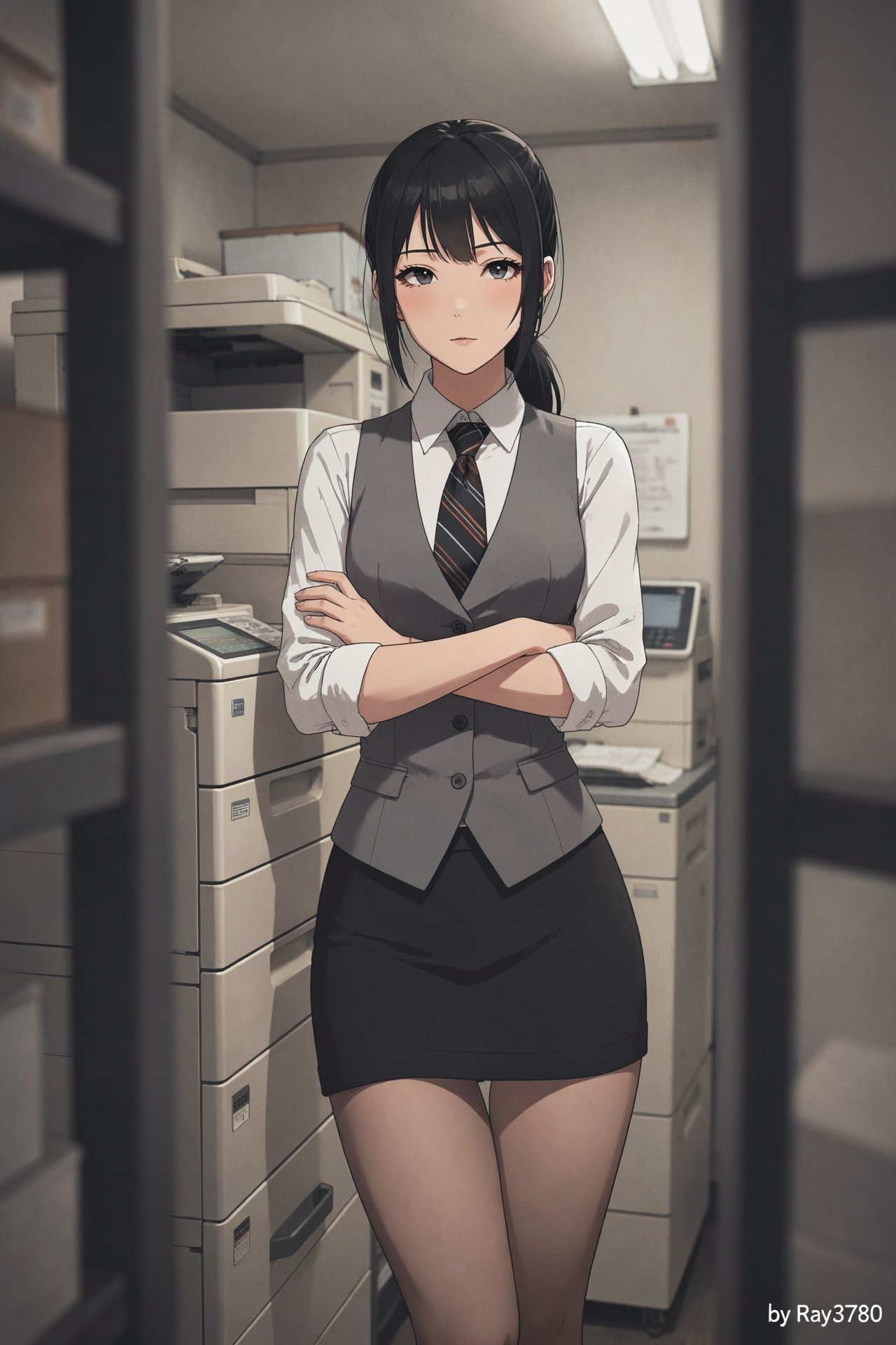 An anime illustration of a young Asian office lady leaning against a stack of beige photocopiers in a cramped office utili...
