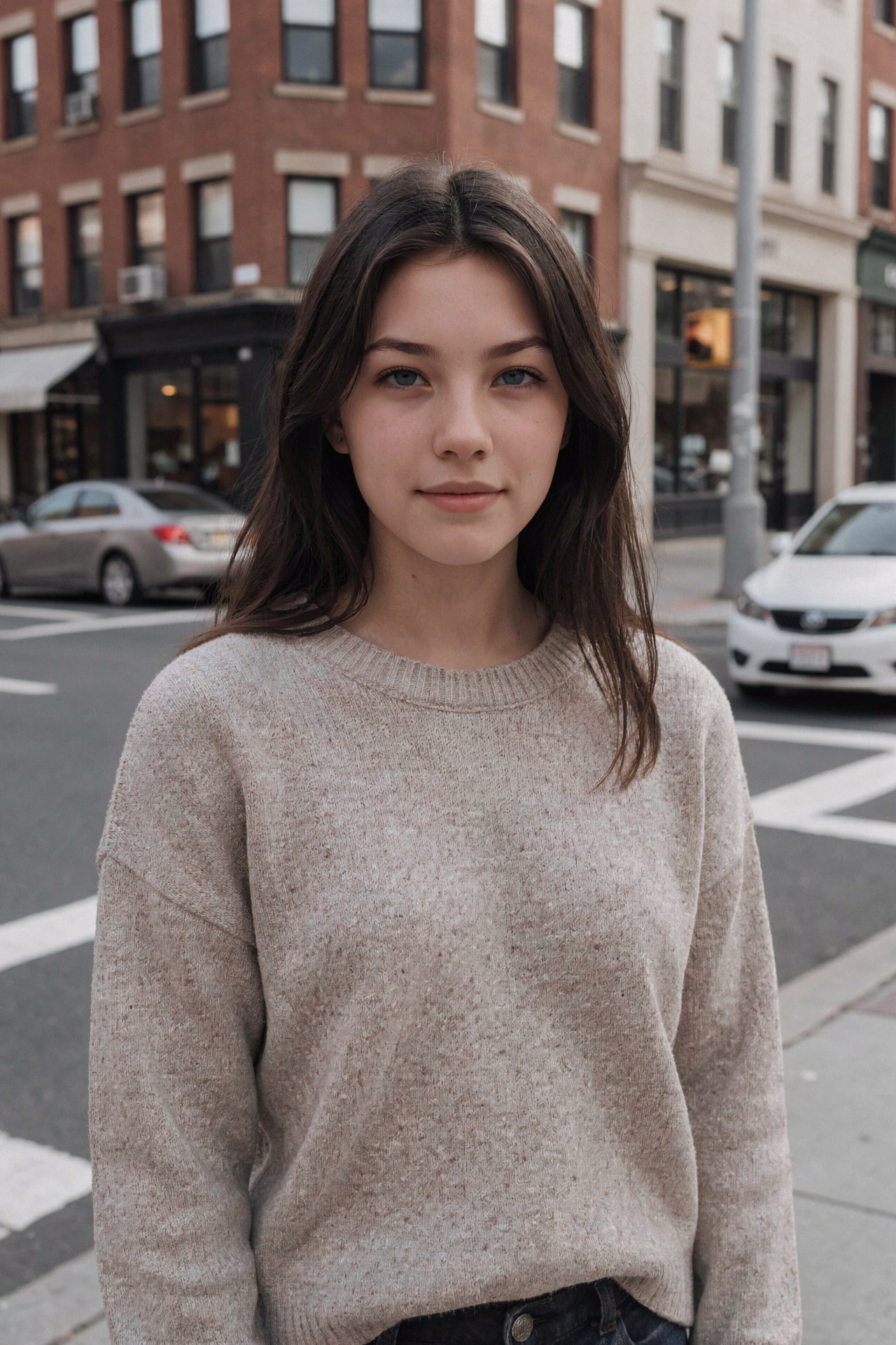 Re-depict her in a way that makes her seem like real people,  The texture of the sweater top is realistically depicted,  H...