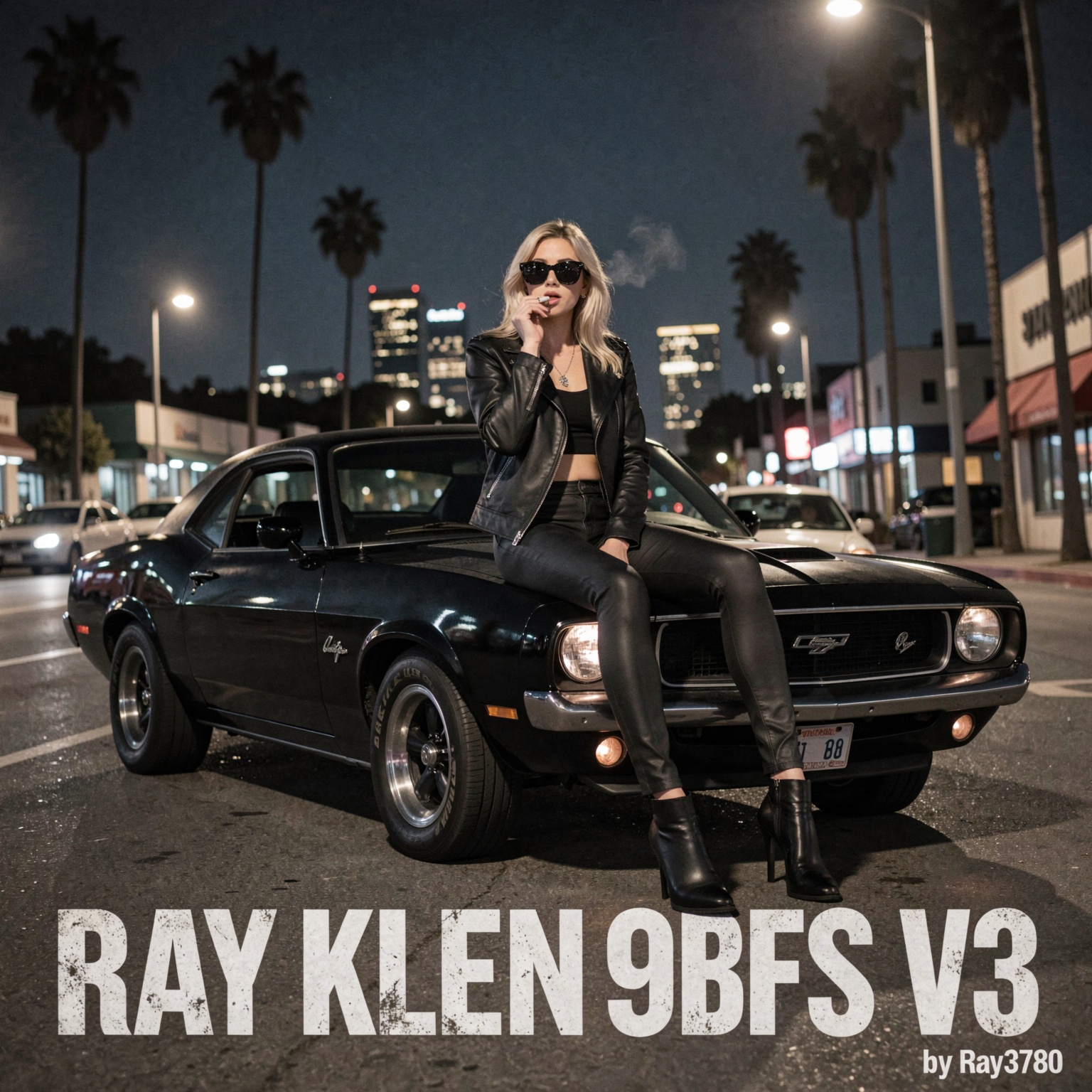 Dark gritty picture of LA at night with black muscle car with pretty blonde woman sitting on top smoking a cigarette weari...