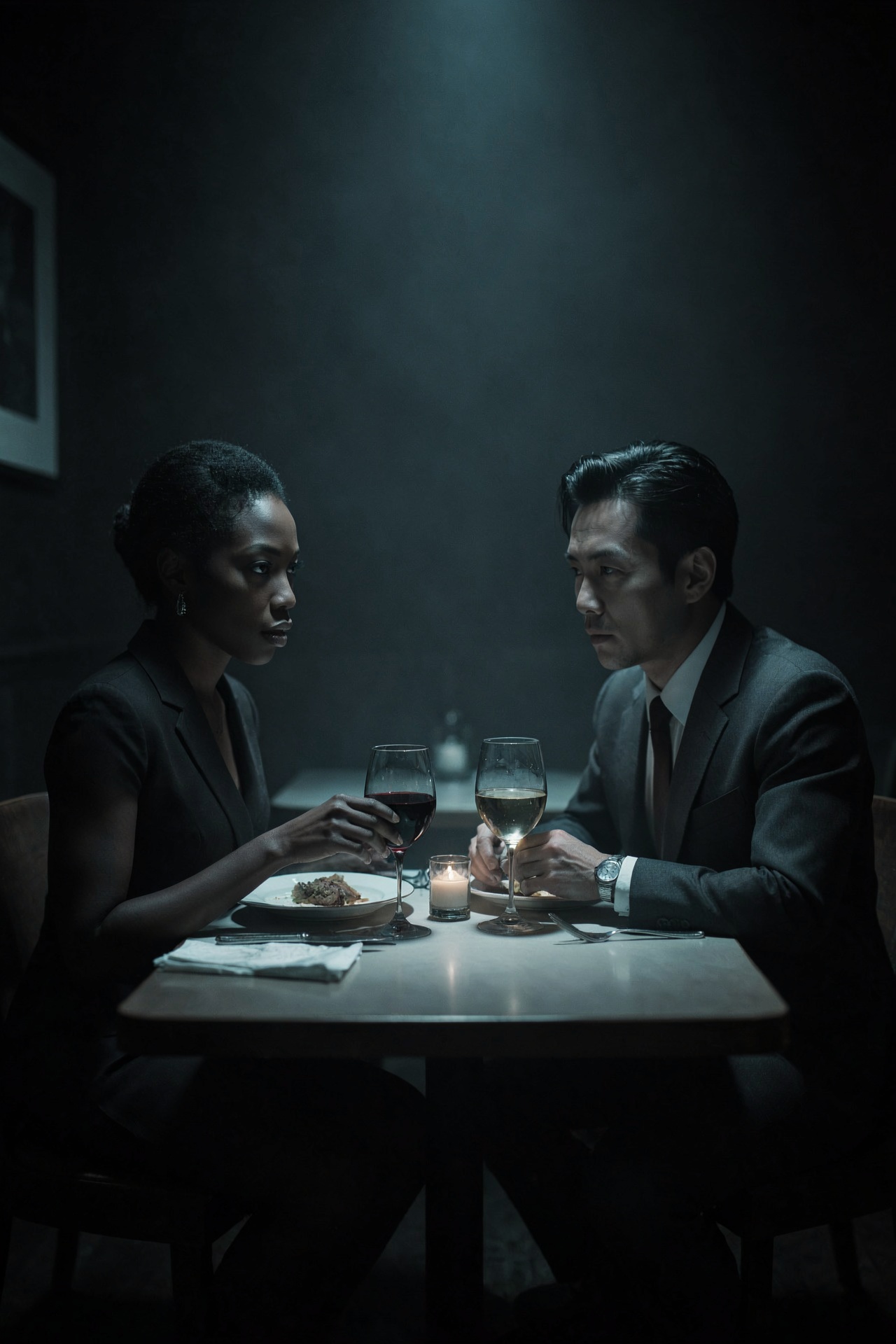 two shadowy figures dining in a cold war era restaurant,  a black woman,  and an asian man on Tensor.Art
