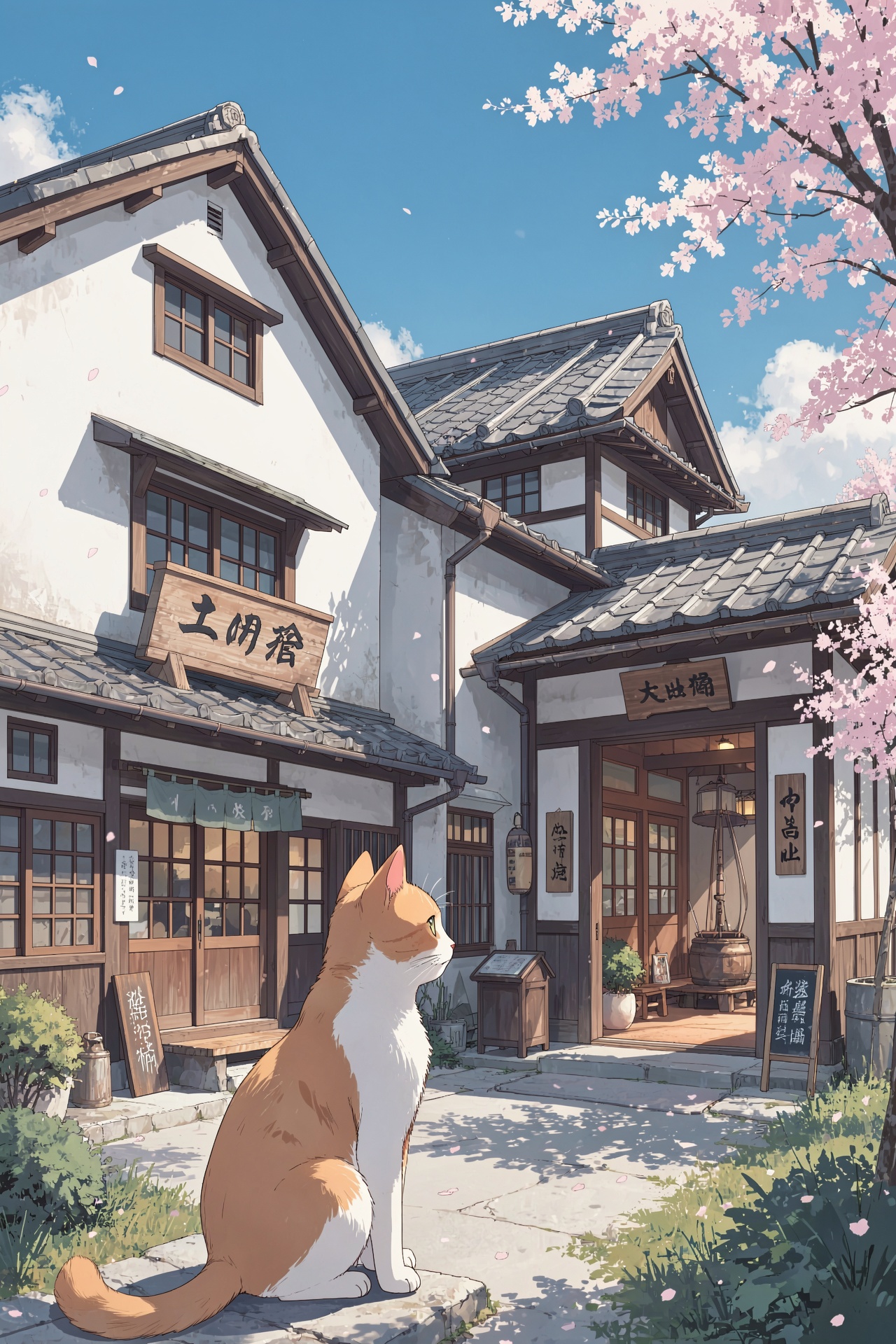 A highly detailed real-anime-style illustration of a cat sitting in front of Taketsuru Shuzo in Takehara,  Hiroshima,  qui...