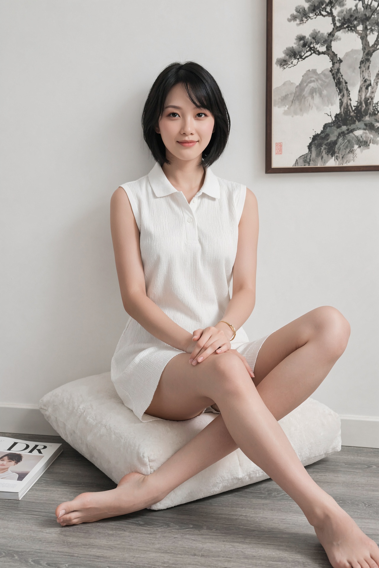 A young woman sits gracefully on a white plush cushion,  her figure framed by soft ambient light that enhances the delicat...