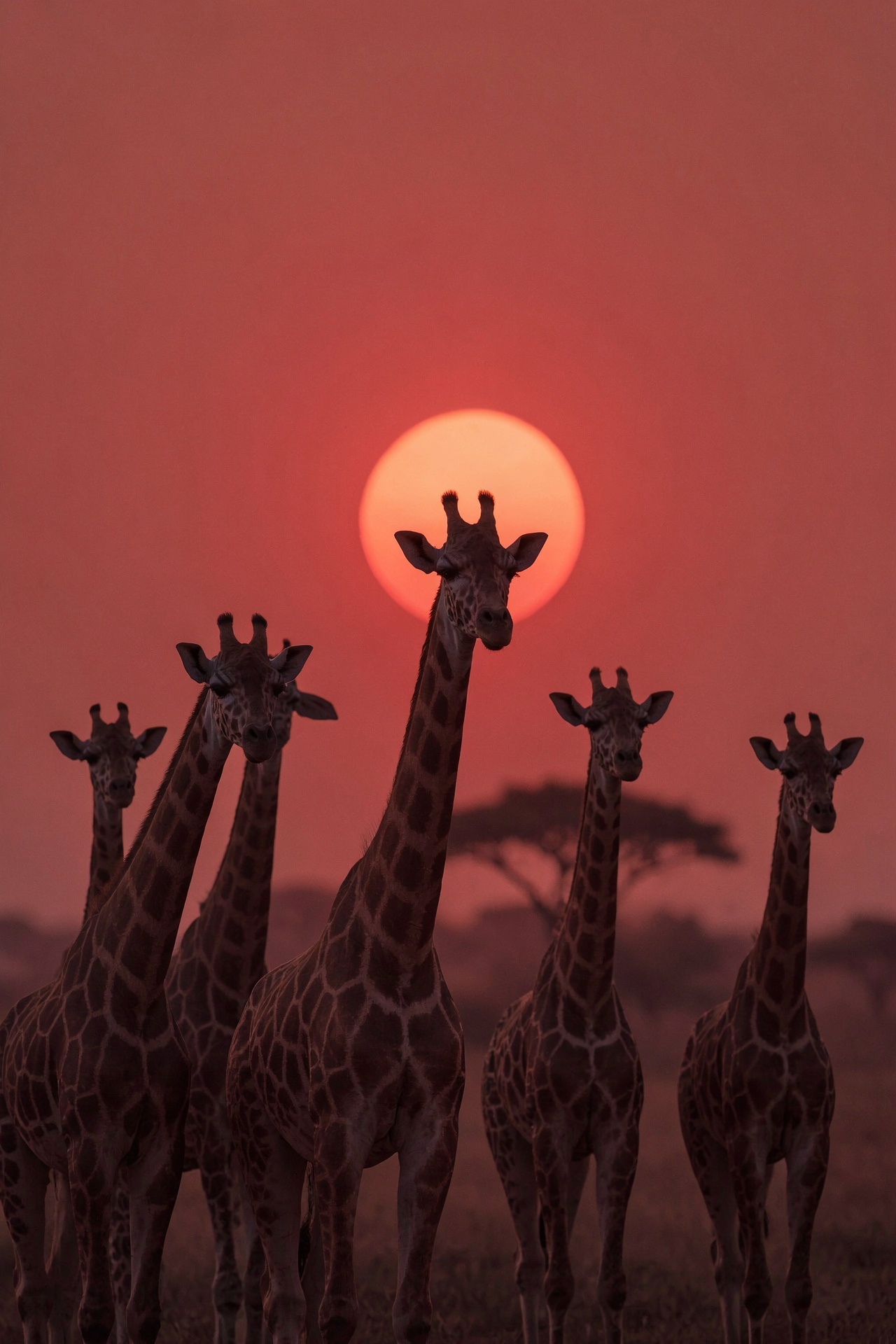 African sunset. zoom on the red sun through a herd of giraffes. balanced masterpiece. on Tensor.Art