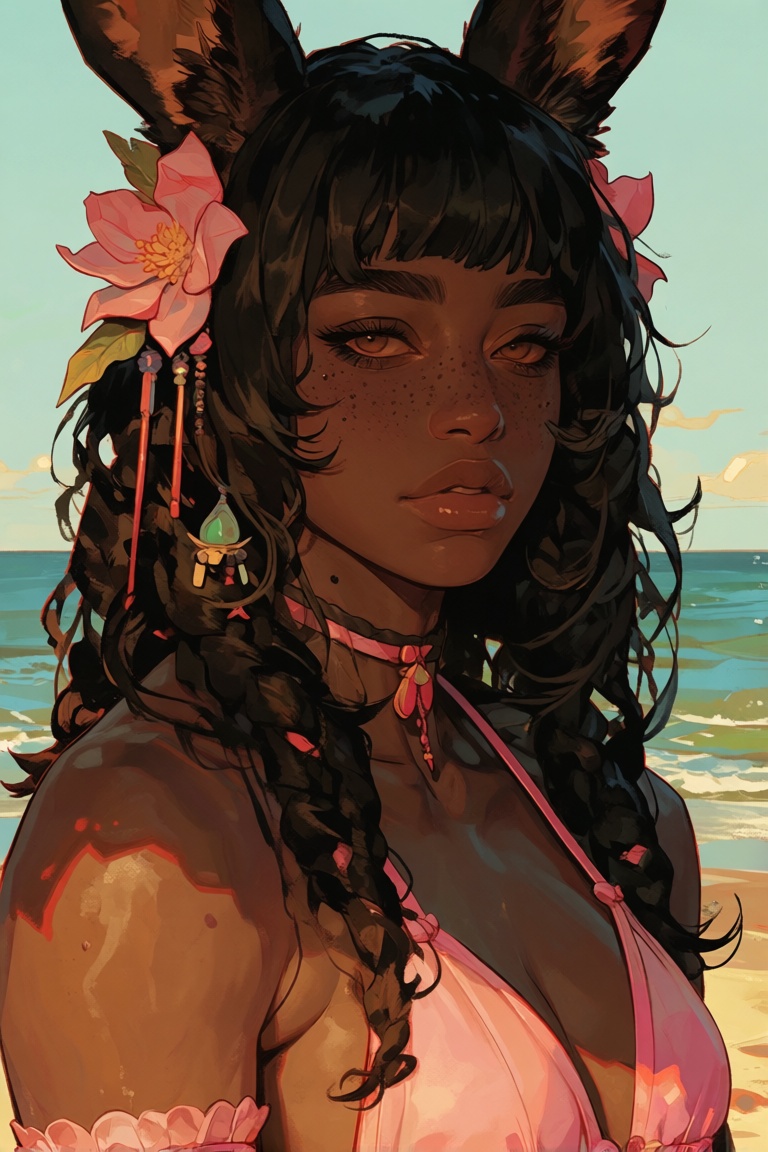 Create a scene featuring a solo African American girl with long,  black hair adorned with a hair ornament and a hair flowe...