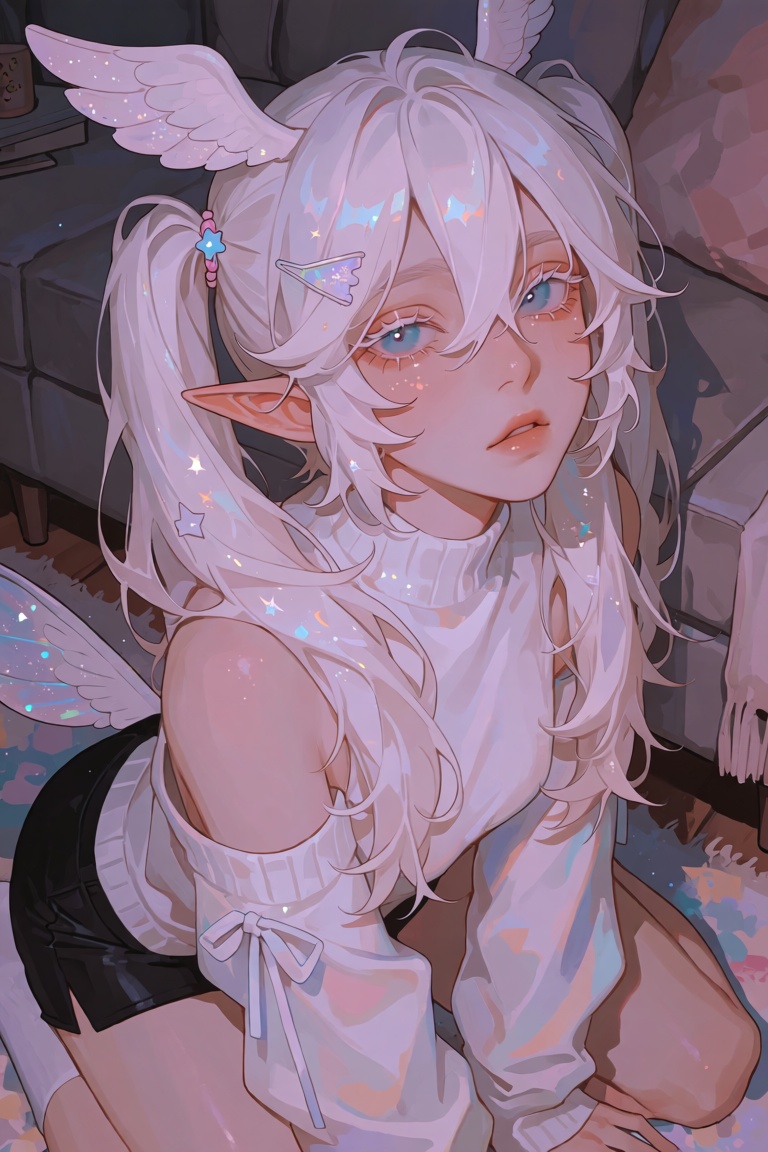 Create a soft,  rendering of a mature ***** male figure with long pigtails and white hair,  where his hair partially cover...