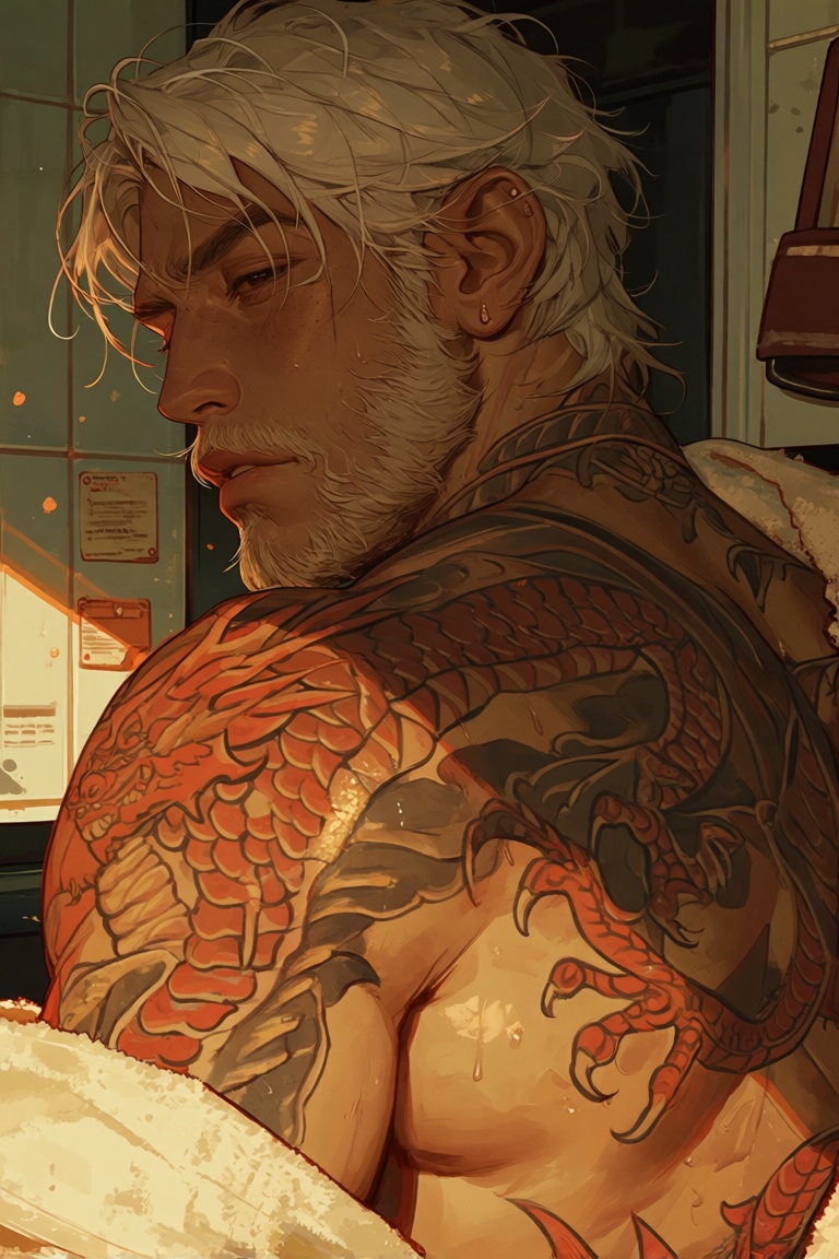 We see an attractive handsome man from behind,  beard,  mature on Tensor.Art