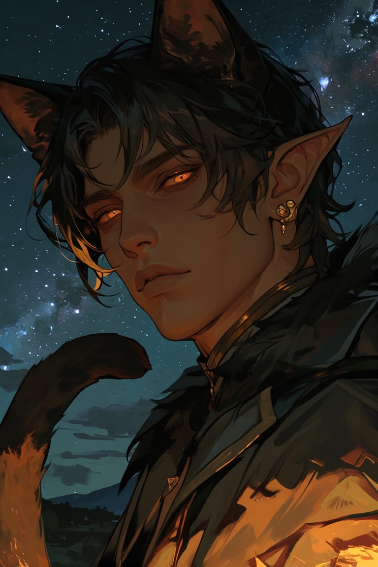 A dark-skinned male with black hair and cat ears stands alone,  looking directly at the viewer. He has a striking pair of...