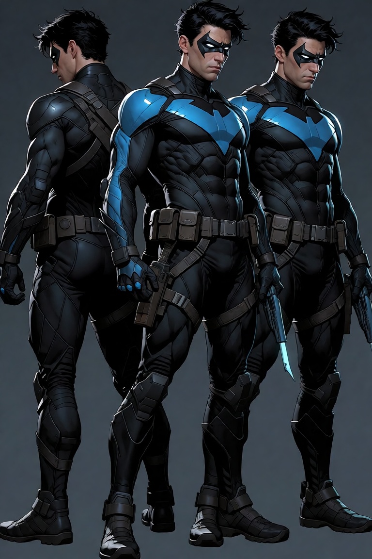 fantasy illustration of,  A cinematic triptych of Nightwing,  rendered in hyper-detailed digital painting mastery—three dy...