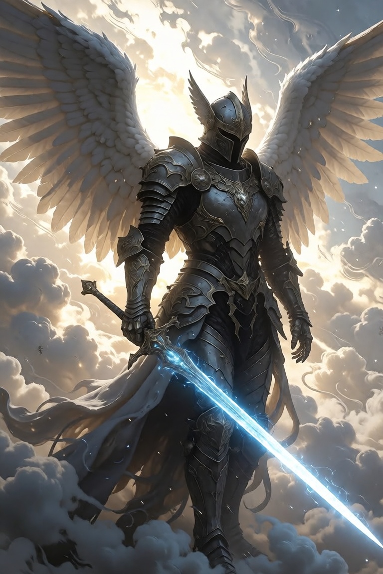 fantasy flat illustration of,  The image depicts a figure clad in intricate,  dark metallic armor with large on Tensor.Art