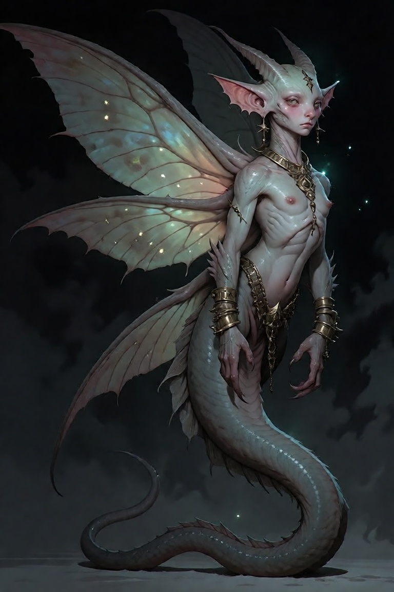 fantasy illustration of,  The image depicts a fantastical creature with large,  translucent wings and a serpentine tail. T...