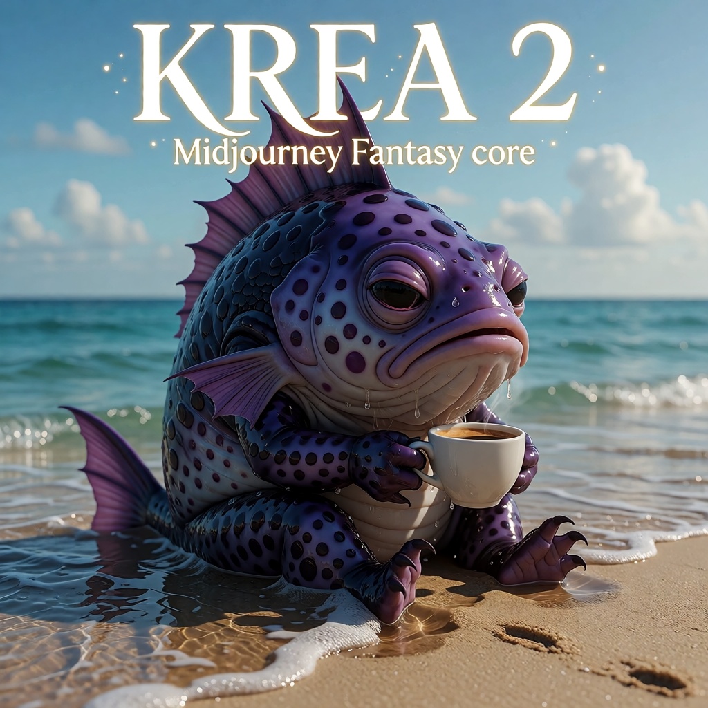 Fantasy illustration of,  A majestic,  anthropomorphic purple fish sits serenely on the sun-drenched shoreline on Tensor.Art