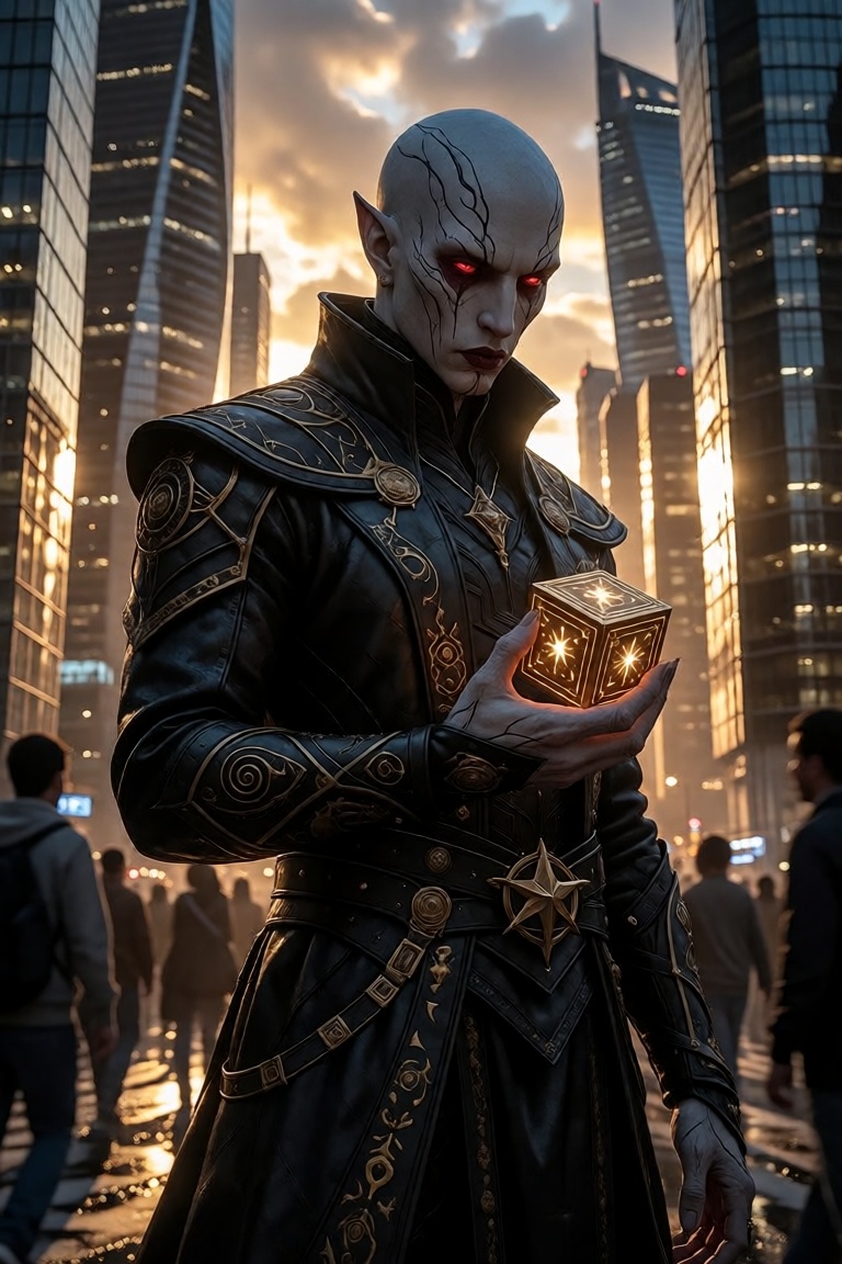 fantasy illustration of,  A hauntingly majestic figure stands at the heart of a bustling modern metropolis at golden hour—...