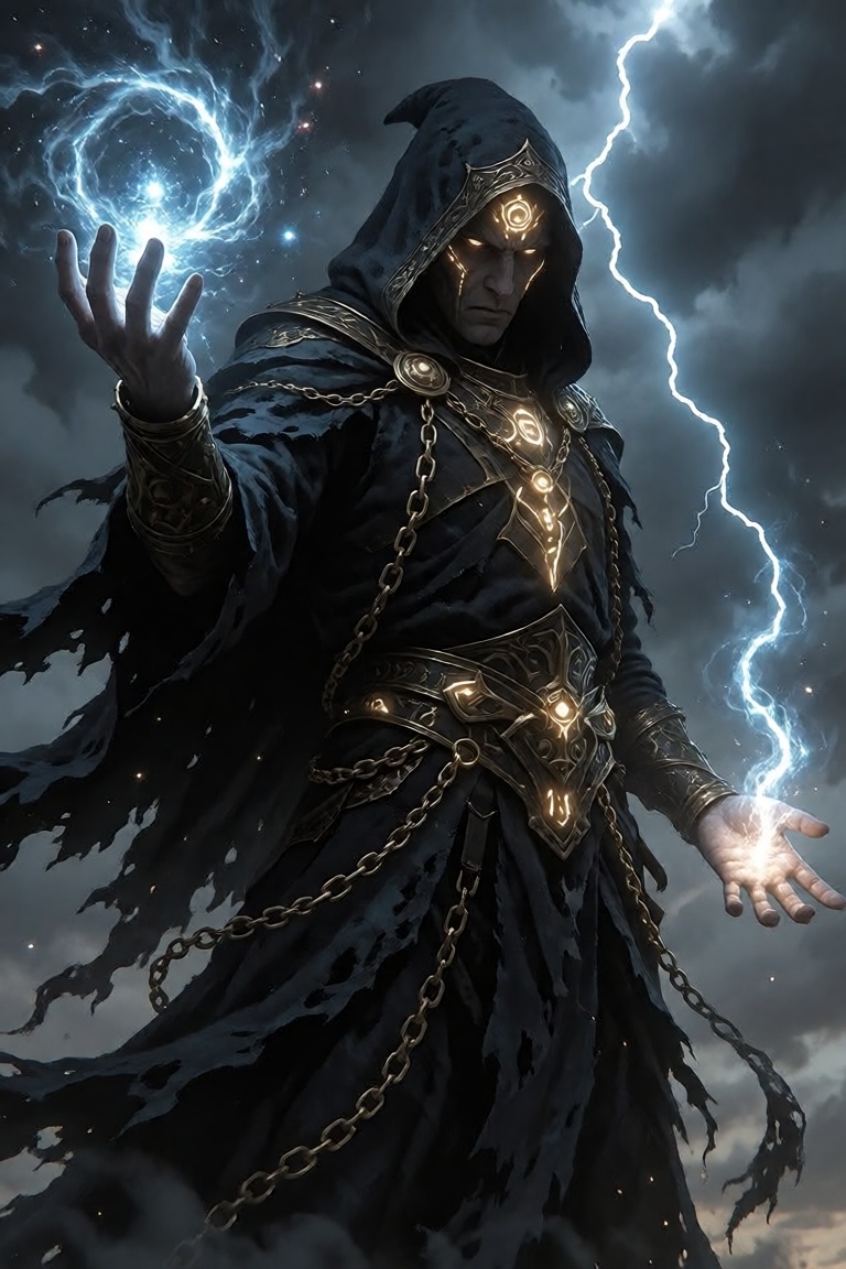 fantasy illustration of,  A towering,  enigmatic sorcerer stands defiant against a tempestuous sky on Tensor.Art