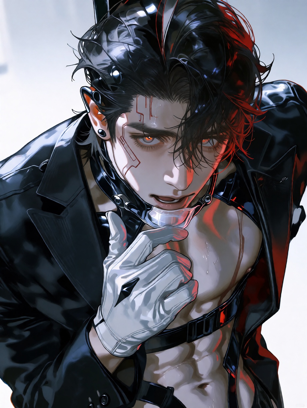 A solitary figure,  a male cyborg with perfectly formed anatomy and a strong sense of presence,  stands in the center of t...