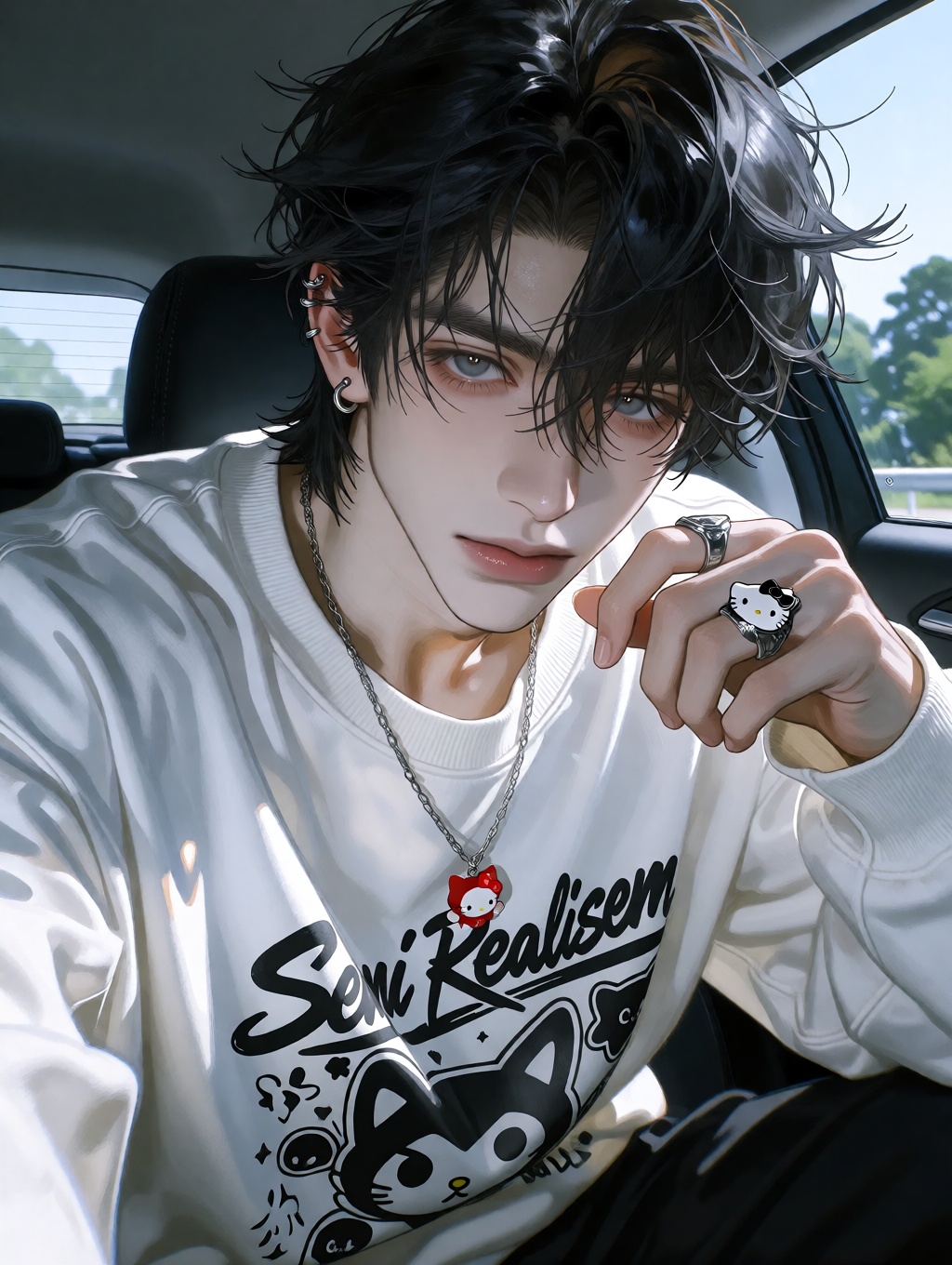 A highly detailed photorealistic close-up portrait of a strikingly handsome young East Asian man in his late teens or earl...