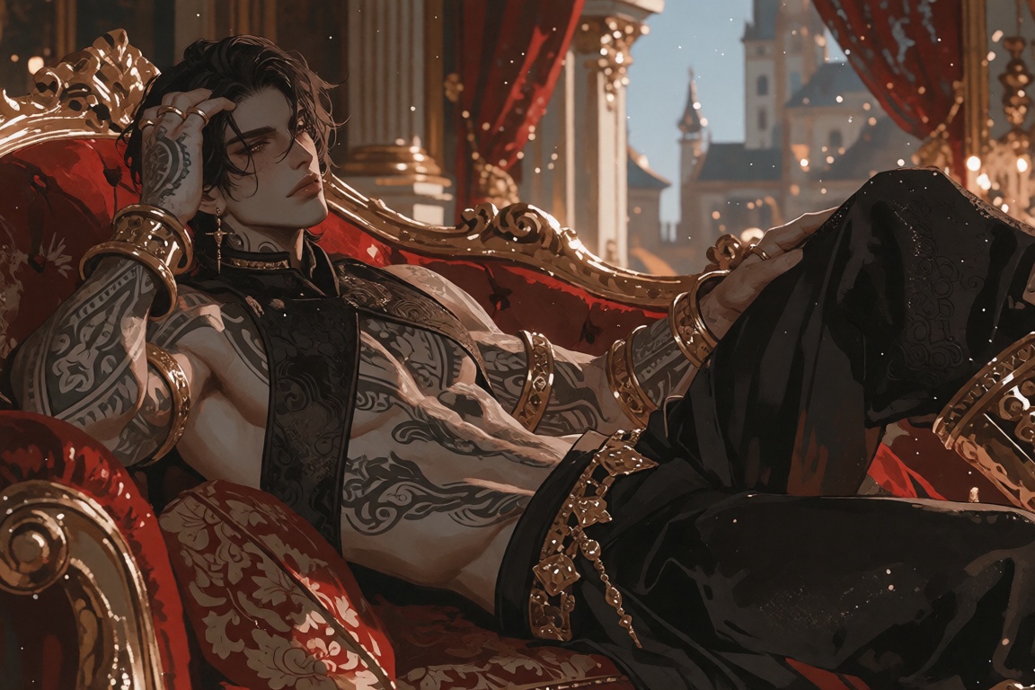 semi realistic art style: man reclines gracefully on a luxurious red plush couch. The backdrop features ornate columns and...