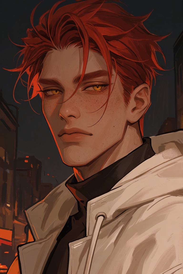 The image depicts a man with vibrant red hair and striking yellow eyes. he is wearing a white jacket with a high collar,...
