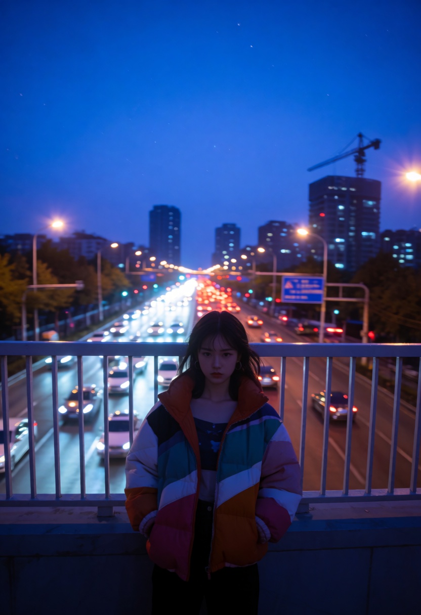 Aesthetic photography captures a Chinese woman standing confidently on a pedestrian overpass during the enchanting "blue h...