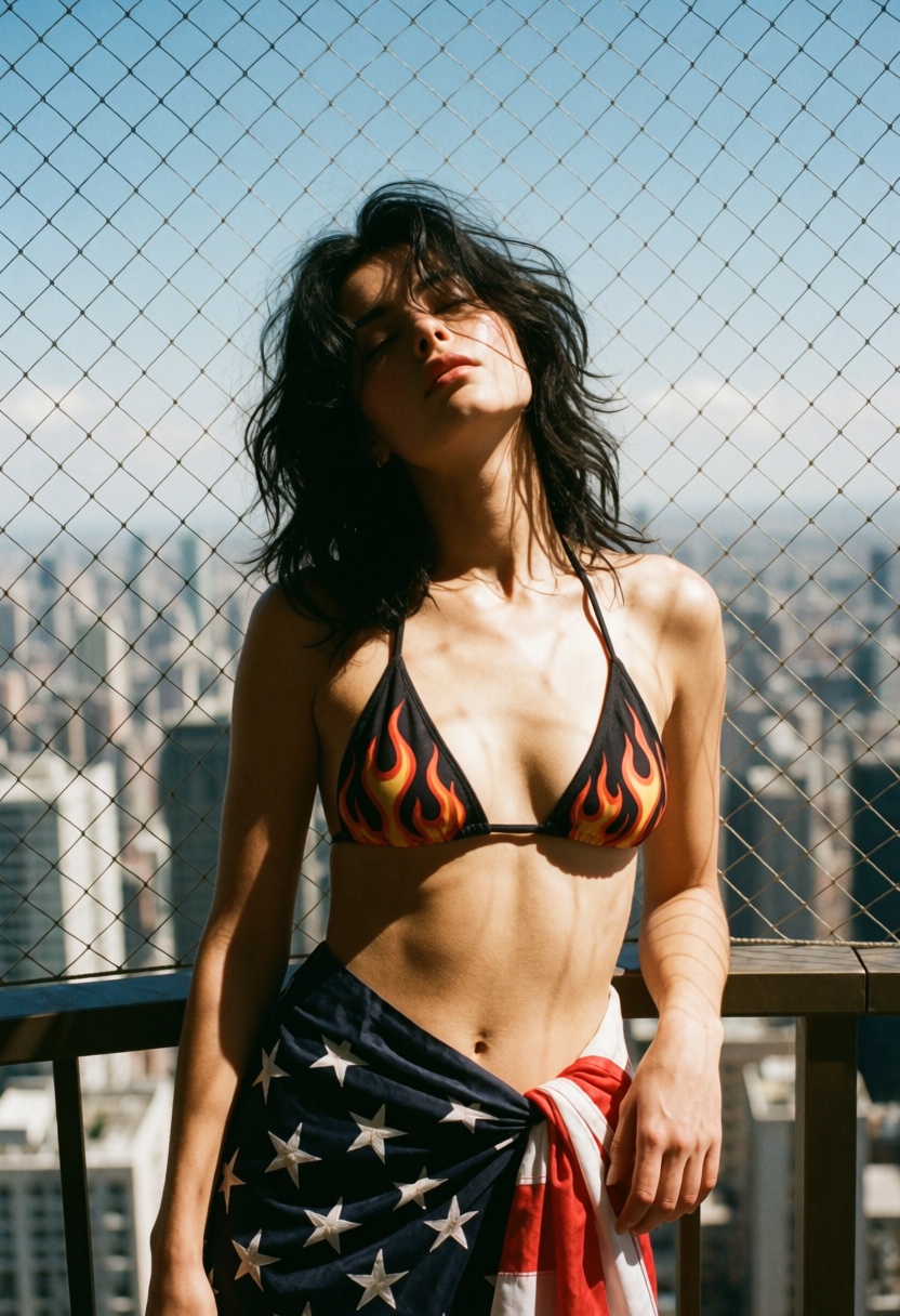 Aesthetic photography of a woman with messy raven hair standing on a high-rise balcony,  eyes closed,  basking in the inte...