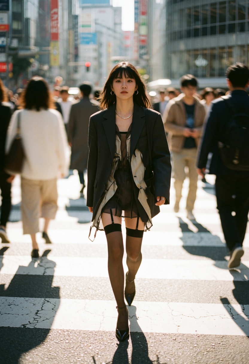 Aesthetic photography of a stylish Japanese woman walking through a sun-drenched Shibuya crossing. She is wearing an overs...