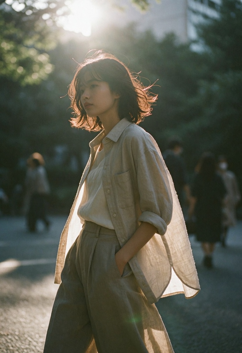 Aesthetic photography of a woman walking through a park in Osaka during the afternoon. The sun creates a "rim light" effec...