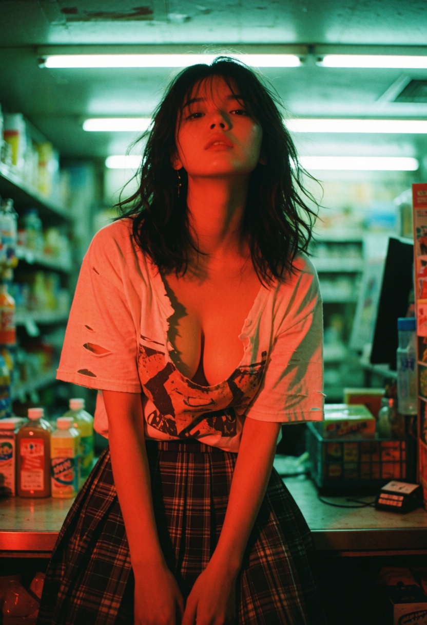 Aesthetic photography of a young chinese natural saggy big breasted ddep cleavage woman under the flickering fluorescent l...