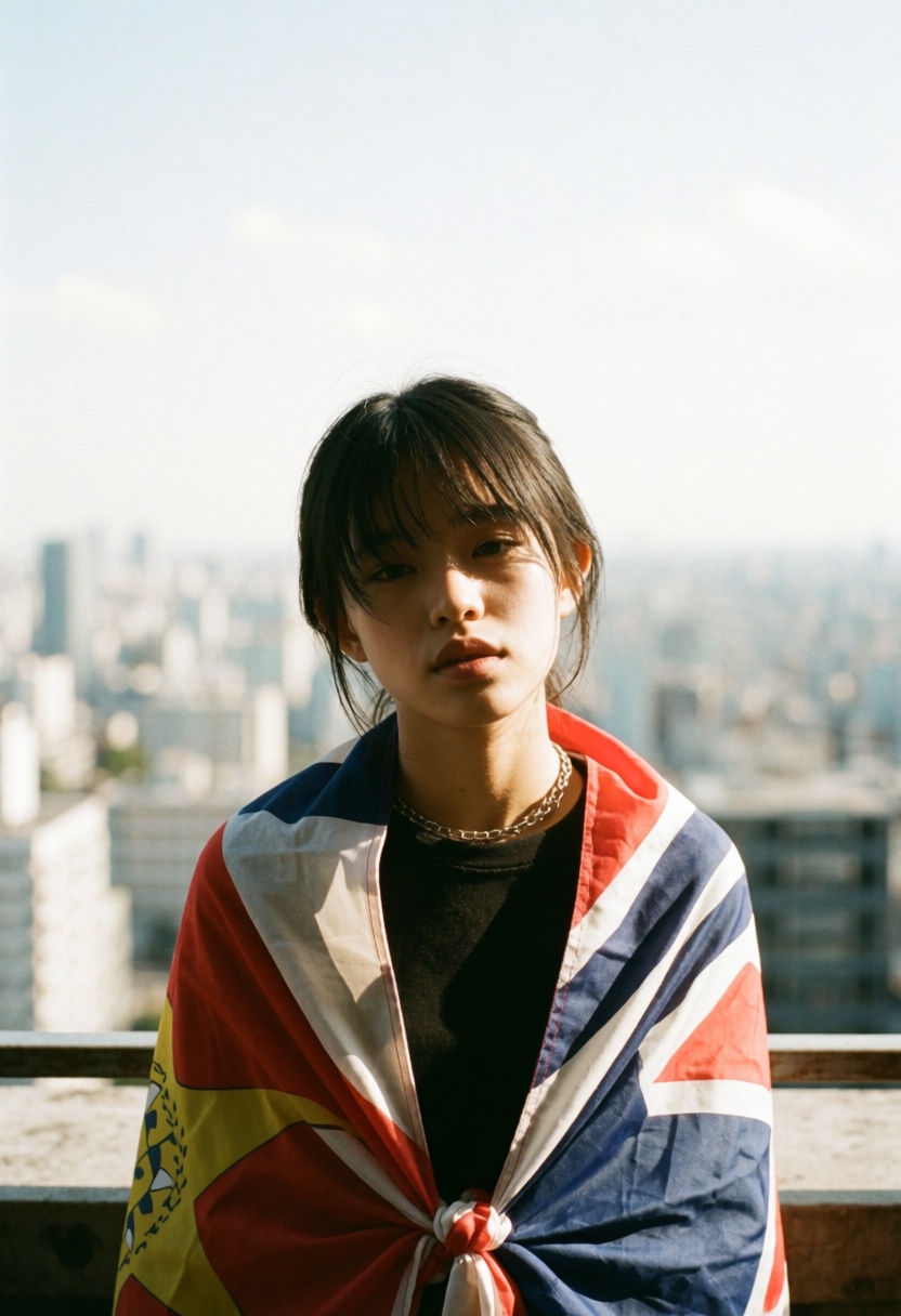 Aesthetic photography featuring a cinematic lo-fi portrait of a girl on a rooftop. Hard sunlight creates sharp shadows acr...