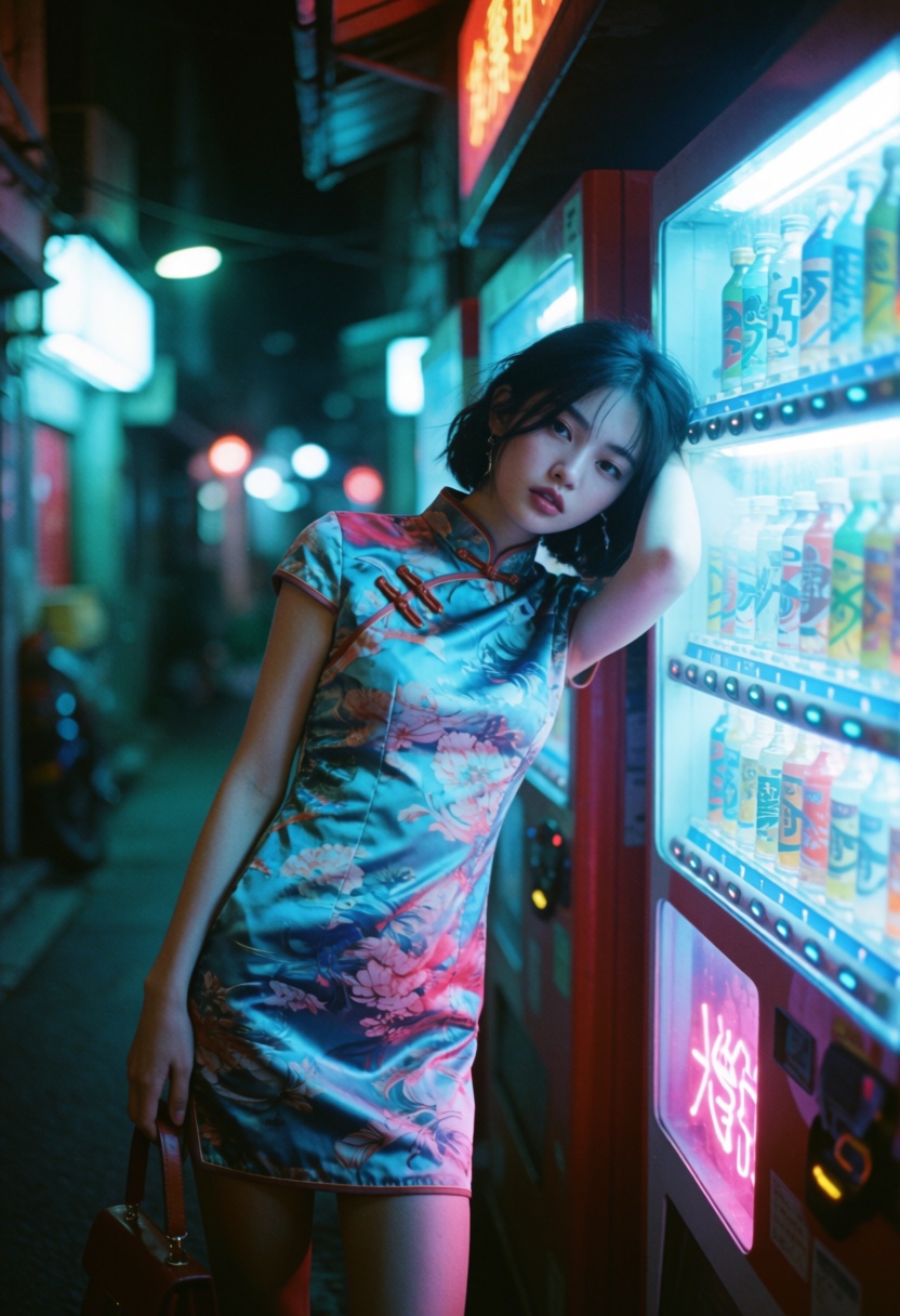 Aesthetic photography of a Chinese model leaning against a neon-lit vending machine in a narrow Shanghai alleyway at night...