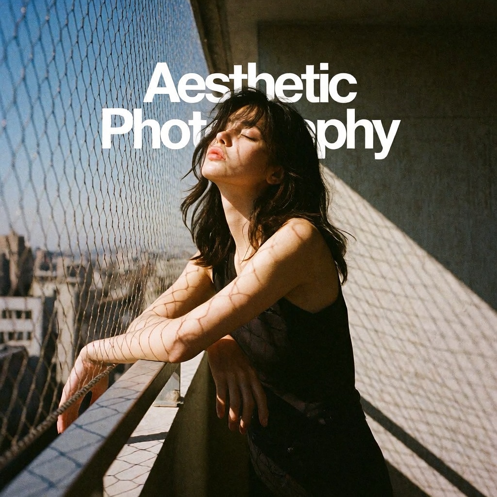 vinnette aesthetic photography depicting a cool,  nonchalant big breasted girl on a high-rise. She is drenched in sunlight...