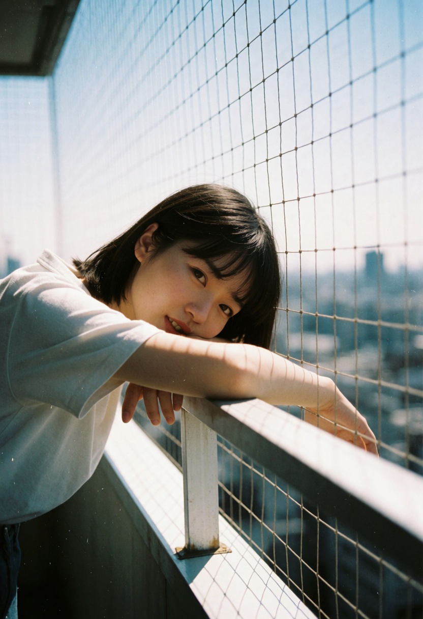 Aesthetic photography focusing on a sun-drenched balcony scene. A young woman leans against a white metal railing,  skin g...