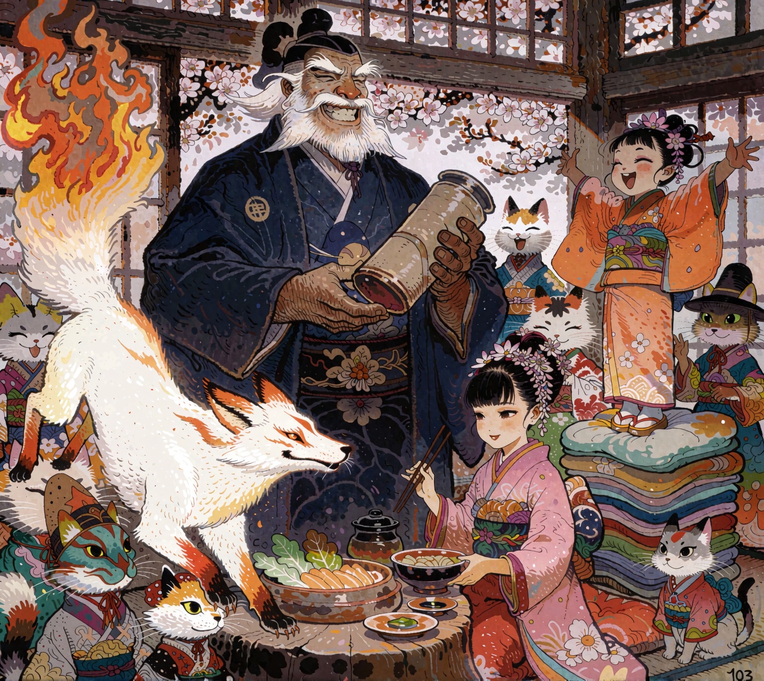 A large man in a dark blue kimono with a white beard and topknot stands center,  holding a cone-shaped object. He wears a...