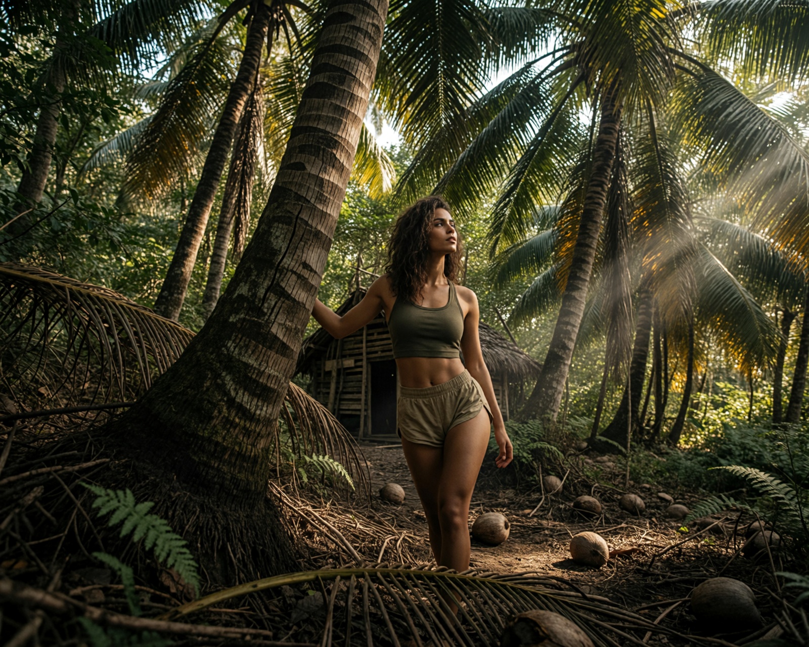 An athletic,  sultry woman with sun-kissed bronze skin and wild,  wavy dark hair navigates deep within a dense coconut gro...