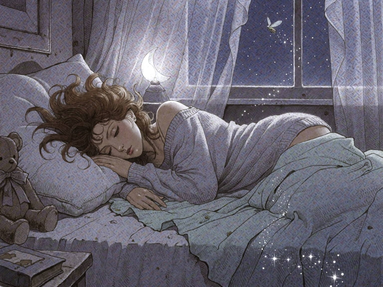 A serene young woman sleeps peacefully in a sunlit bedroom,  her tousled chestnut hair fanned out like a halo on the pillo...