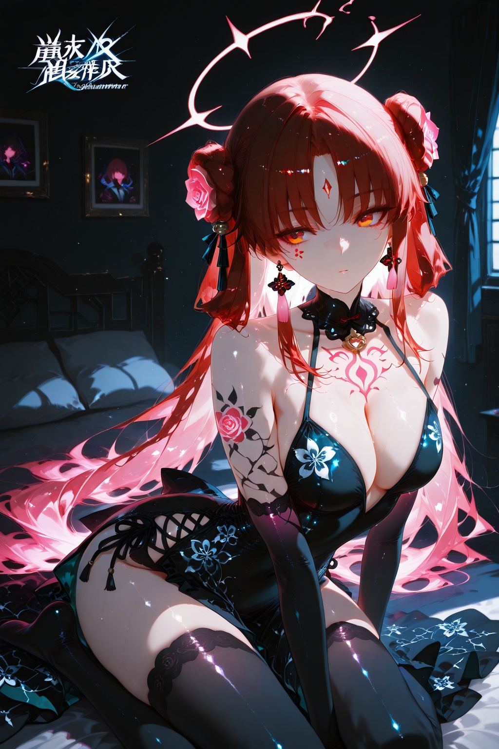 Title: "Neon Blossoms: A Serene Radiance" Subtitle: Illuminating Shadows In a captivating high-contrast anime-style illust...