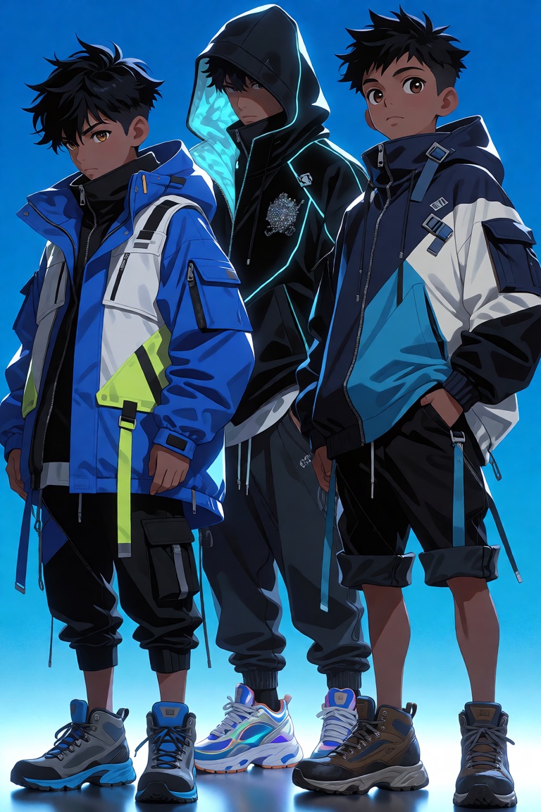Three youthful figures stand in staggered formation against a luminous,  cerulean void—each a study in contrast,  texture...