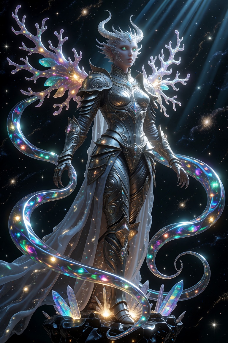 A celestial sovereign stands in majestic repose,  her form a symphony of ornate silver armor forged from liquid light and...