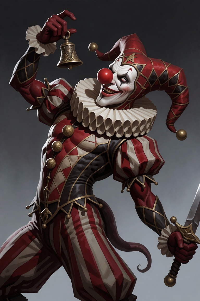 The image depicts a fantastical character that appears to be a jester or a harlequin-like figure. The character is adorned...