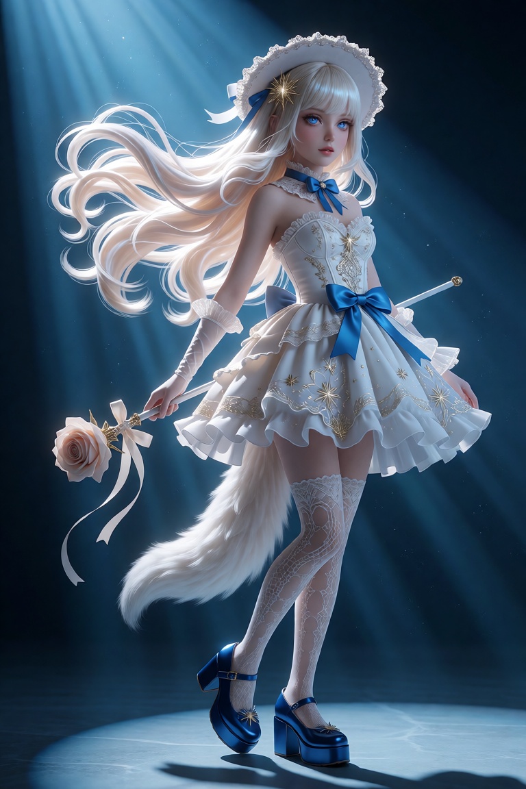 A breathtakingly ethereal young woman stands poised in mid-motion,  her long,  radiant platinum-blonde hair cascading like...