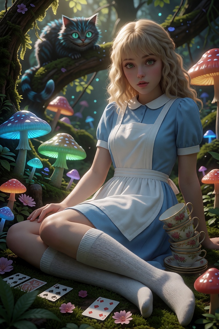 A young woman with fair,  wavy blonde hair and soft bangs sits cross-legged on mossy forest ground,  wearing a classic lig...