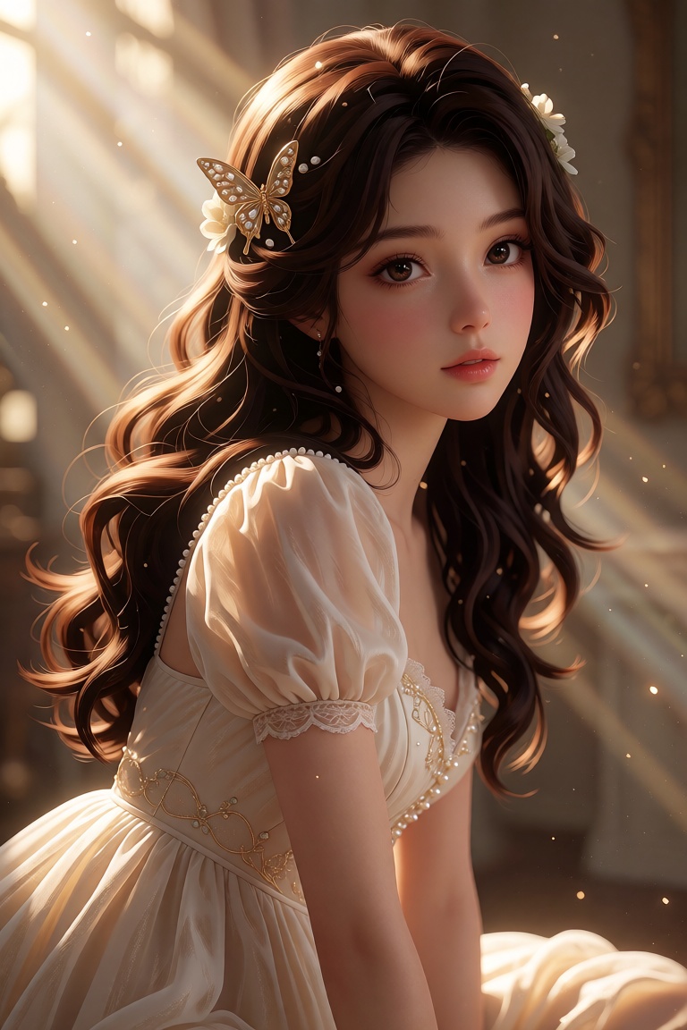 A young East Asian woman with luminous fair skin and large,  expressive dark brown eyes gazes softly toward the viewer,  h...