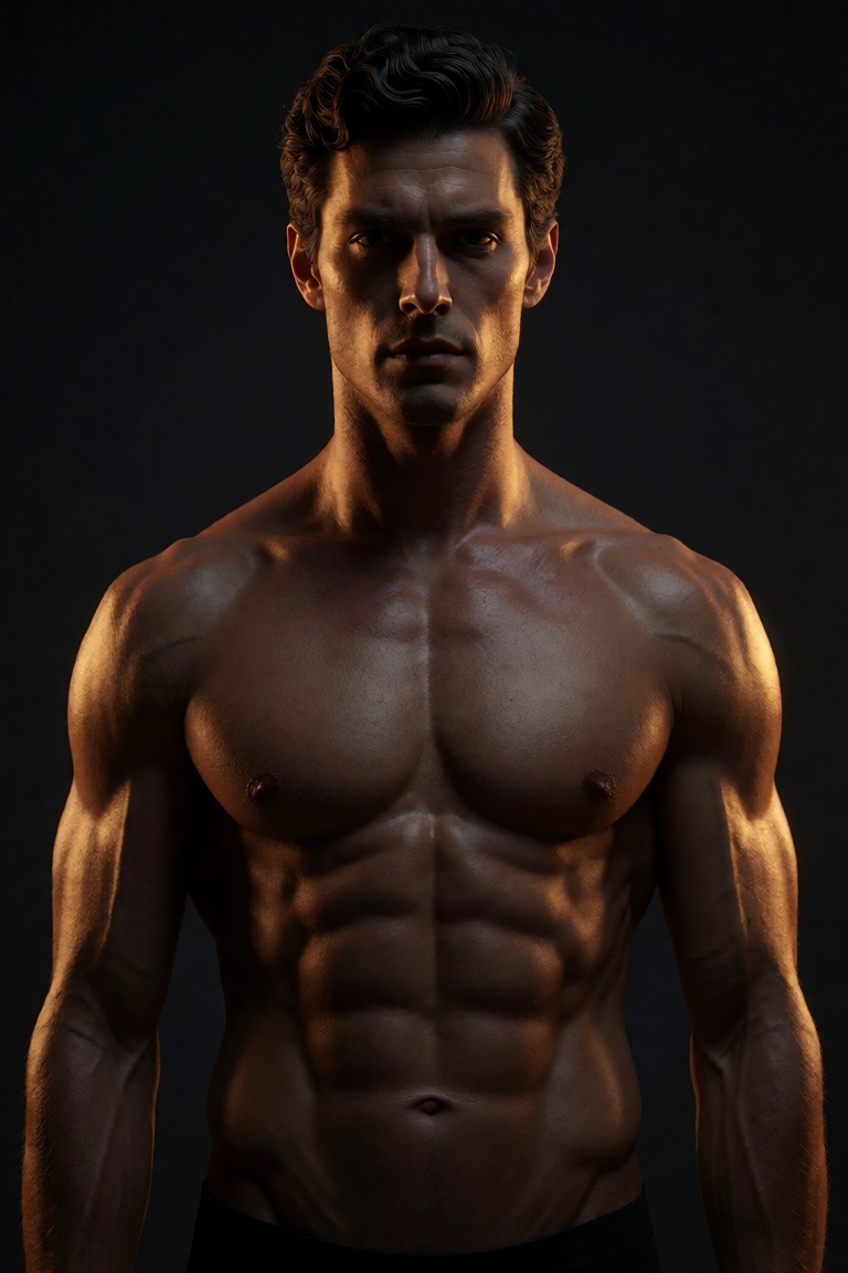 A chiseled,  hyper-realistic male figure stands in commanding stillness against a deep,  velvety charcoal void—his body a...