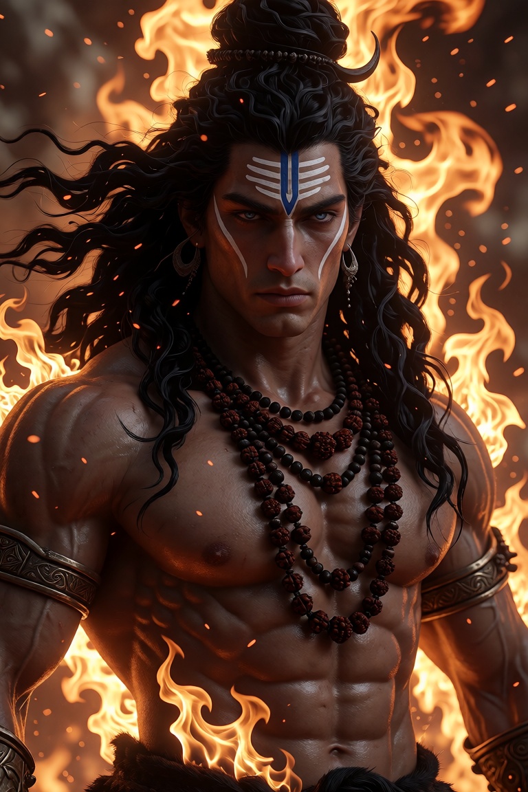A divine warrior emerges from the heart of a roaring inferno,  his chiseled torso glistening with sacred ash and sweat,  e...