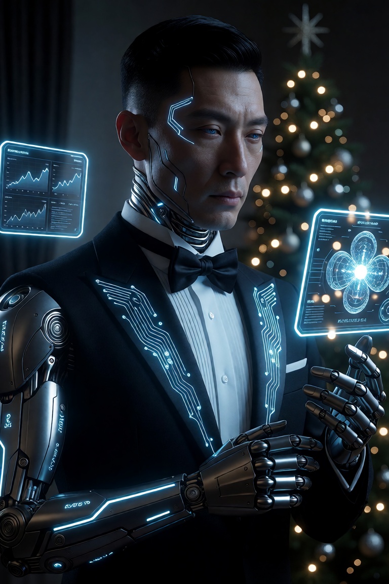 A striking East Asian man stands in solemn,  futuristic elegance—his chiseled face framed by sharp,  ink-black hair croppe...