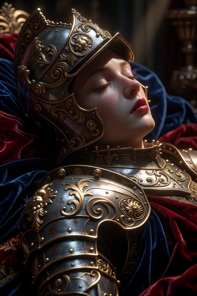 A serene yet sorrowful noblewoman lies in eternal repose,  her face a masterpiece of delicate realism—porcelain skin duste...