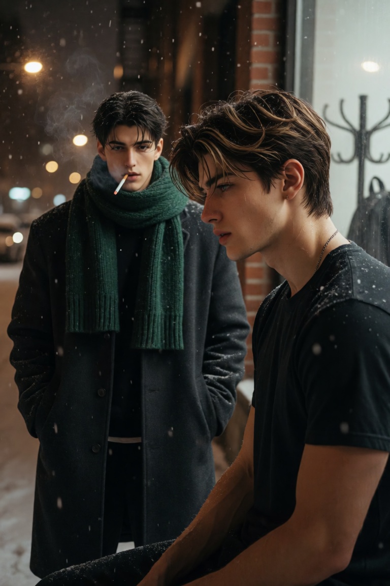 A young man with dark,  slightly disheveled hair stands centered in a snowy urban street at night. He is wearing a long,...