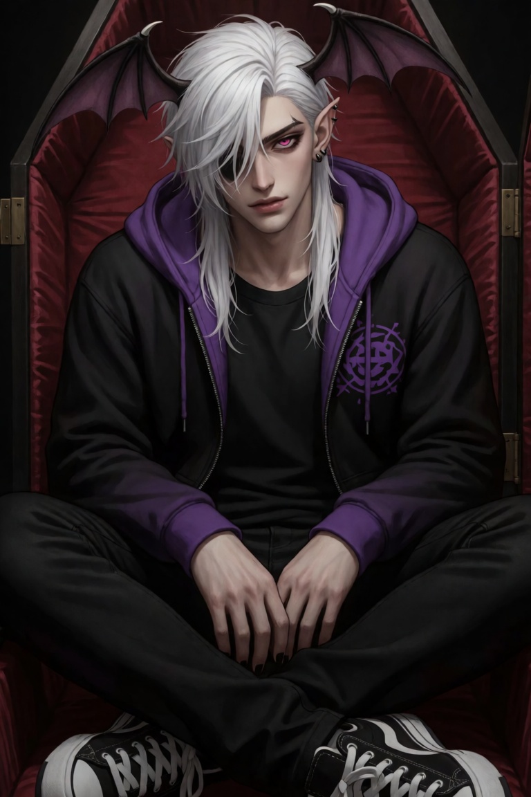 a half-body image of a 1boy with bat wings,  black nails,  ear piercing on Tensor.Art